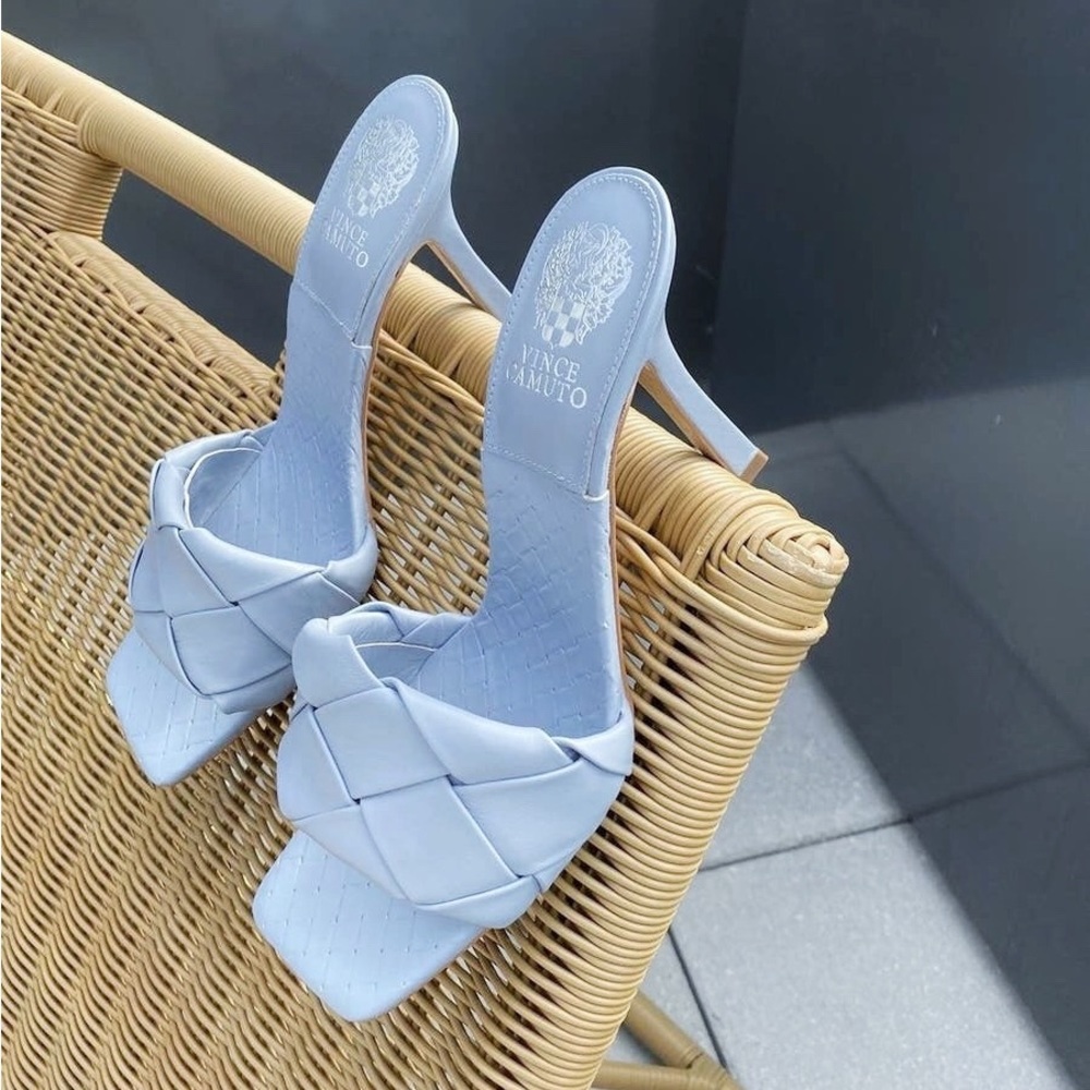 Vince Camuto Blue Leather Woven Strap‎ Dress Mule Heeled Sandals
